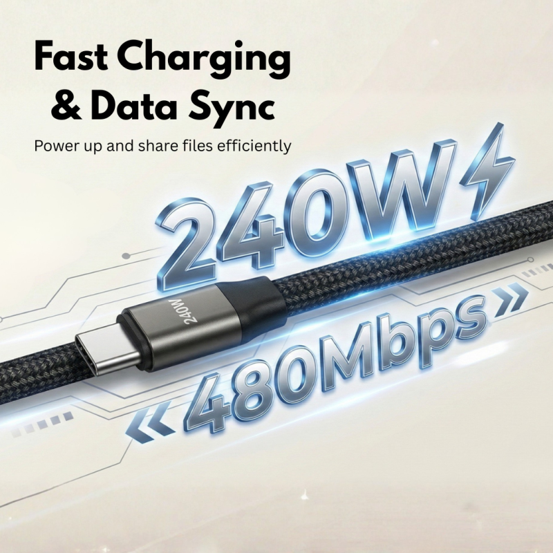 240W Super Fast Type-C Cable with 360° Aluminum Stand – Ultra Durable Charging Cord
