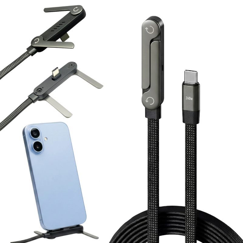 240W Super Fast Type-C Cable with 360° Aluminum Stand – Ultra Durable Charging Cord